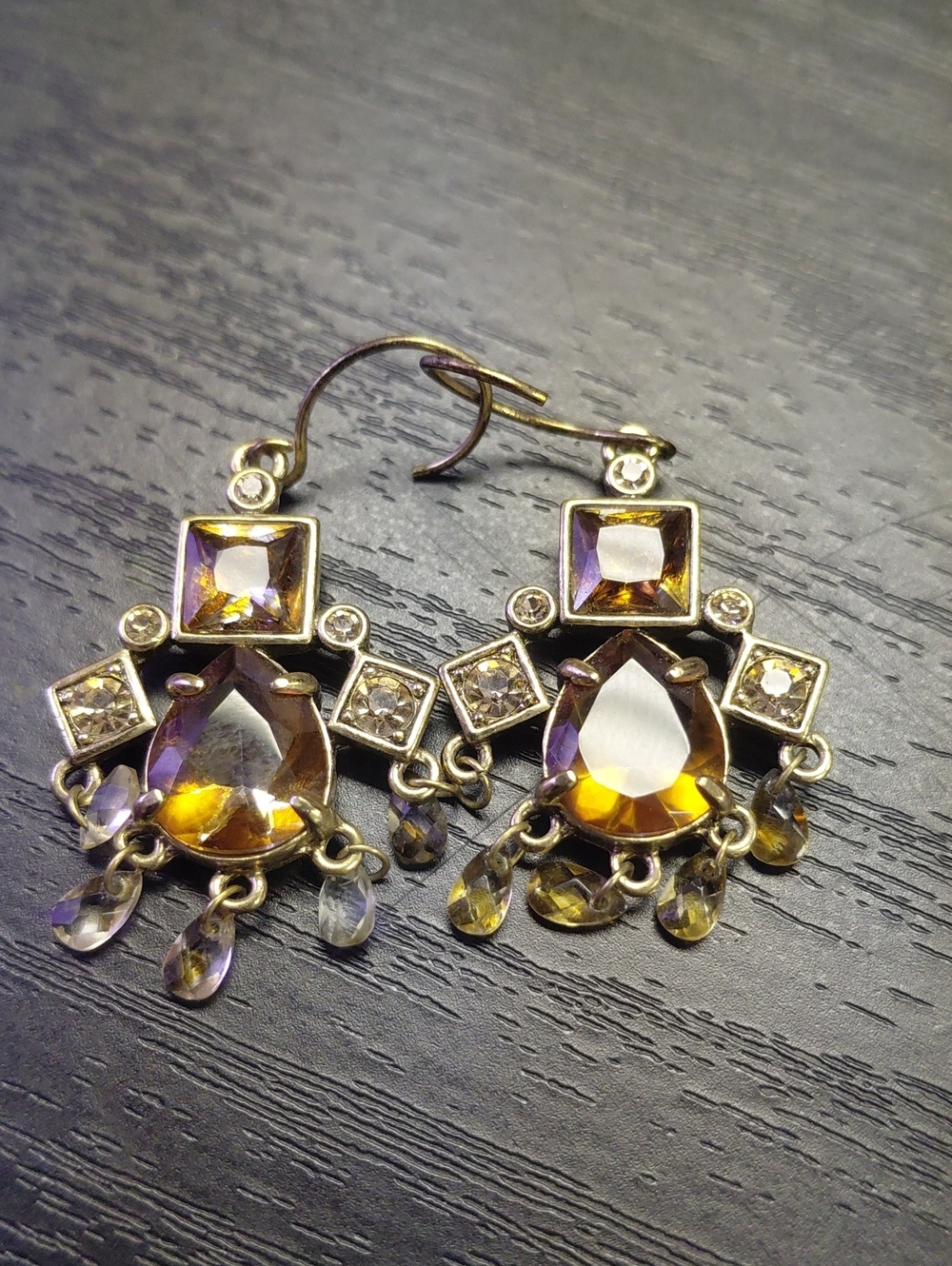 Monet Citrine And Chapagne CZ Dangle Earrings Gold Tone